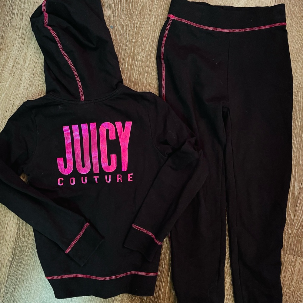 Juicy Couture Girls 2 Piece Black & Hot Pink Hoodie Jogger Zip up Set Size 6x